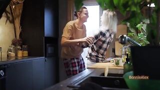 A couple has a quickie right in the kitchen, no time to waste!