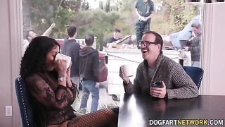 Ebony babe Paris The Muse gets her mouth full of ten cocks in a bukkake