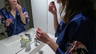 Hot French girl with big tits fucked in the bathroom early in the morning