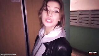A girl walked along the street with her wet panties and got cum