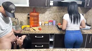 Appetizing 18-year-old step-daughters cook for their stepfather in the kitchen