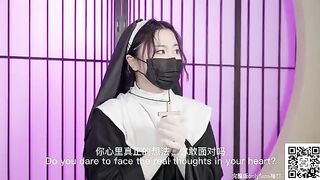 A cute girl-nun is longing for a man and gets undressed
