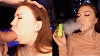 A cute 18 y.o. girl is smoking and sucking cock, covering her face with sperm