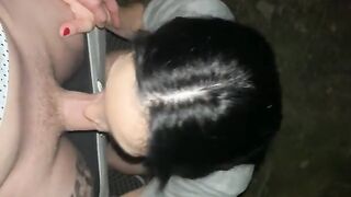 Babe has sex with a stranger outdoors, her mouth full of cum