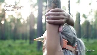 A hot blonde gets lost while jogging and gets a blowjob from a stranger in the woods