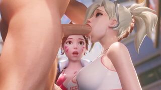 Mercy teaches Dva how to deepthroat in this hot Overwatch scene