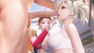 Mercy teaches Dva how to deepthroat in this hot Overwatch scene