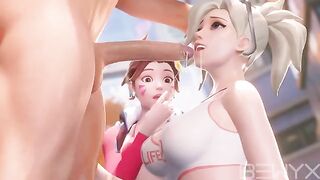 Mercy teaches Dva how to deepthroat in this hot Overwatch scene