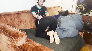 A couple fucks under a blanket and comes together, very hot