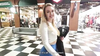 Hot blonde fucks in the shopping mall toilet for a role play scenario