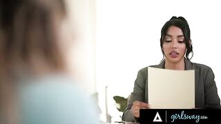 Busty Kayley Gunner destroys sexy lawyer Vanessa Sky's pussy in Girlsway scene
