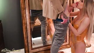 The man was amazed by the sexy appearance of his stunning blonde housewife