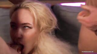 Blonde woman Bella Mur gets her mouth filled with huge cocks