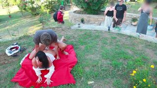 Babe Alexandra Wett has sex with strangers on the meadow