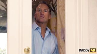 A mischievous girl is having fun with her boyfriend’s dad