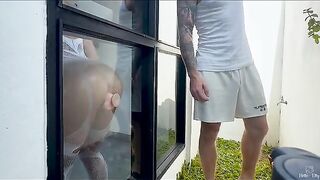 Peep show with cock for the new neighbour, a steamy encounter with all the heat