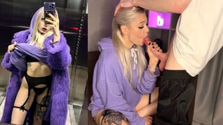 A girl met a guy in the elevator and got cum on her face and panties