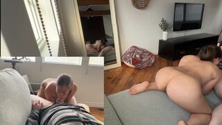 A hot wife is having sex right in the BNB with others around