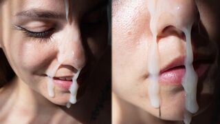 Brunette hottie gets a huge cumshot on her cute face