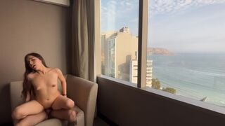 A girl is having fun in a hotel room, her boyfriend will never know