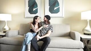 A sexy brunette gives her boyfriend a double blowjob for the first time in a hotel room