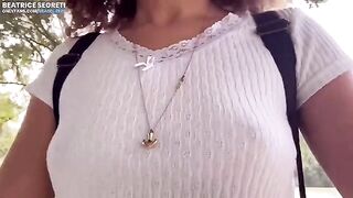 Public masturbation and hard orgasm in a strange place with a guy watching