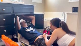 The Asian woman paid for the repair by her pussy