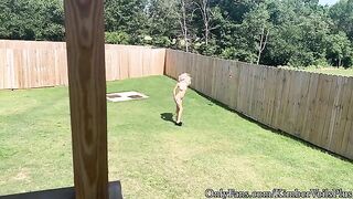 A blonde is getting naked in the backyard and has a quick sex session on the porch