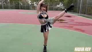 Cheerleader gets fucked outdoors and swallows cum