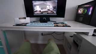 Spy drone catches petite brunette masturbating, shocking her with the camera in the room!