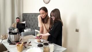 Two hot girls are cooking Russian syrniki and having a steamy threesome