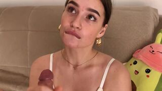 The blowjob was tender and soft, but the guy finished on her boobs