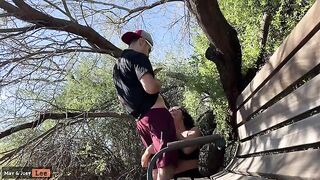 A busty girl almost got caught while giving a blowjob by the lake