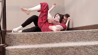 Pervert guy fucked his stepsister on the stairs of their house