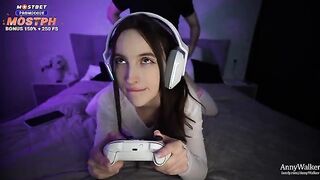 The stepsister of a gamer gets his cock sucked and rides him hard