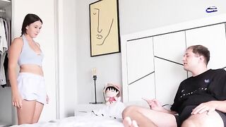 A hot stepsister is jerking off her bro in the closet. The guy caught her and fucked her