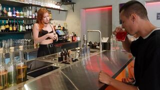 A hot customer has sex with a hot bartender in the hottest way