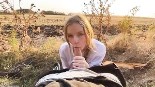 Beautiful Russian blonde got fucked outdoors and received a cum walk