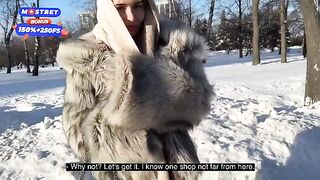 A hot girl in a fur coat is having sex with a stranger she picked up while walking her dog