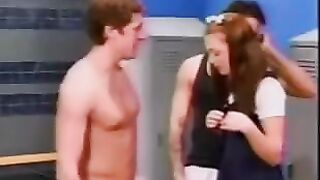 A cute schoolgirl gets double penetration in the locker room