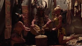 Red-skinned babes fucked by two guys in a fairytale setting