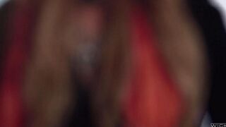 Three cheerful girls in flaps fucked with a blondie in stockings