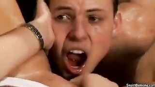 Bukakke in the mouth - a man's hot cum after intense sex with a beautiful woman
