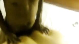 Fat woman fucked by two guys on a bed with big ass
