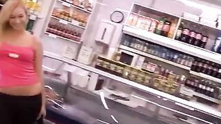 A gorgeous thief with golden hair gets fucked behind the cashier