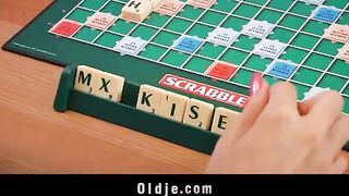 A blonde woman seduced and fucked a shy peasant on the table