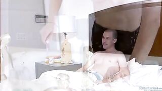 Amber Rain has sex with her husband and his friend in a steamy bedroom scene