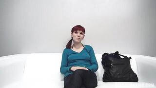 An 18-year-old red-haired girl agreed to show her nipples and make a blowjob at the casting