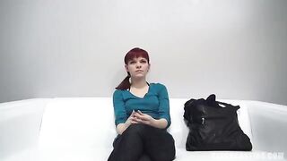 An 18-year-old red-haired girl agreed to show her nipples and make a blowjob at the casting