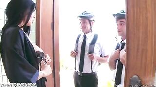 Appetizing beauty fucked by two Jehovah's witnesses in a threeway